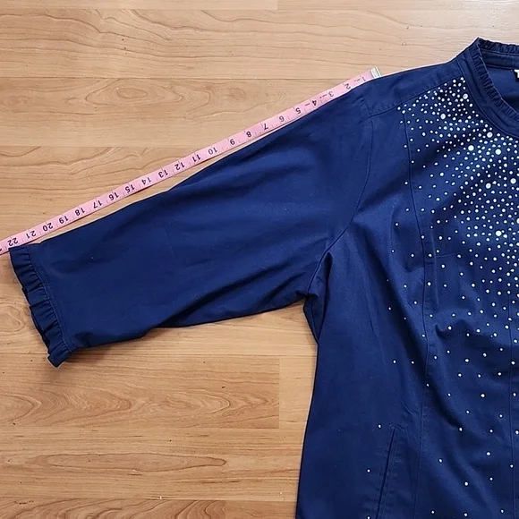 Quacker Factory Sparkle Stretch Embellished Ruffle Navy Blue Jacket - Picture 5 of 13